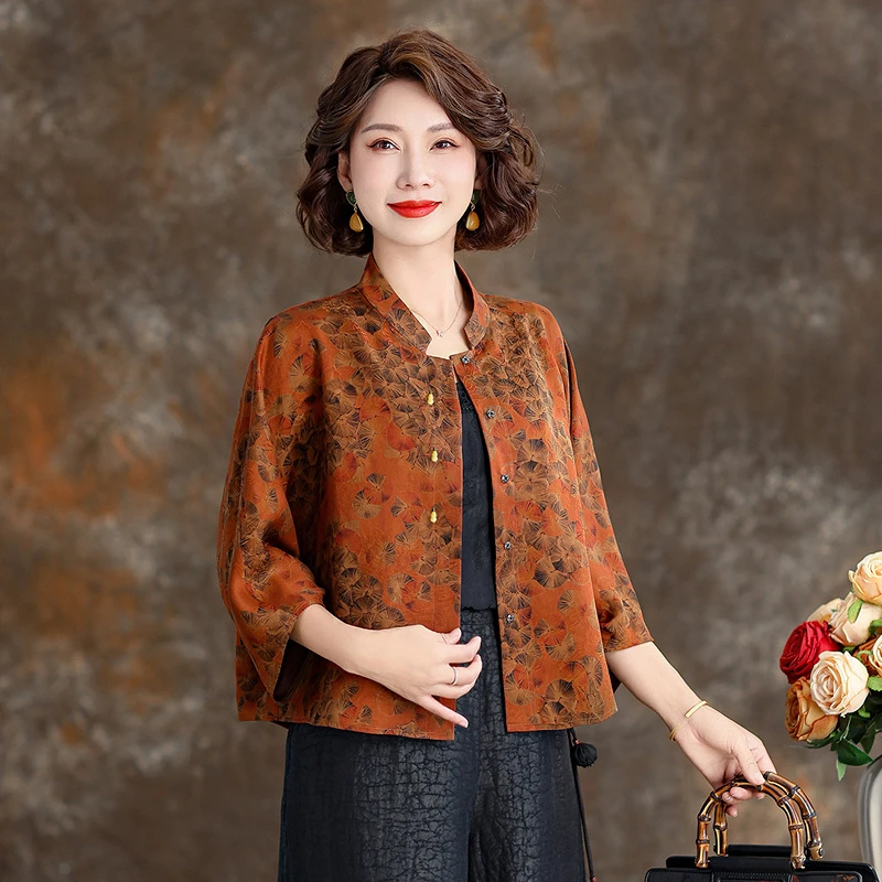 名牌香云纱上衣女2024春夏新款立领别致桑蚕丝衬衣复古真丝衬衫