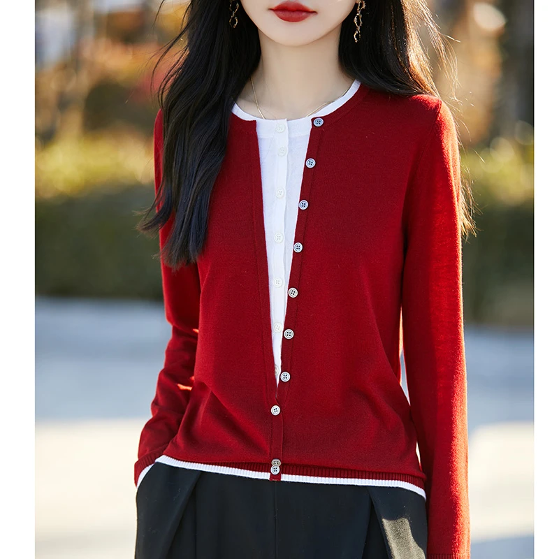 品牌时尚女装秋冬新款圆领假两件开衫羊毛针织衫外搭长袖休闲女