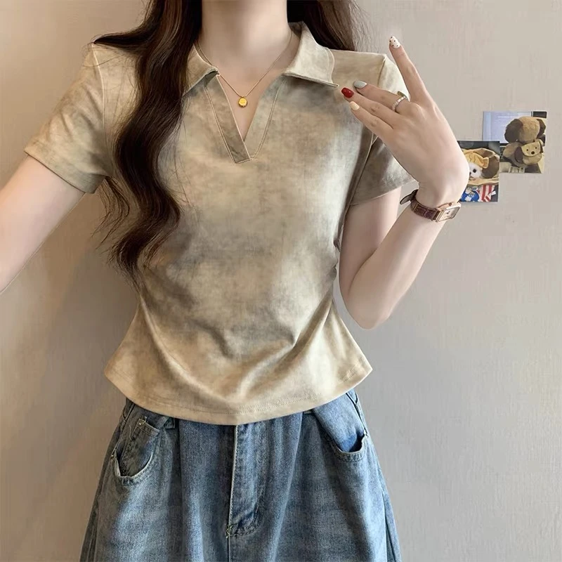 扎染短袖短款T恤女夏季修身显瘦学院风设计感polo领减龄百搭上衣
