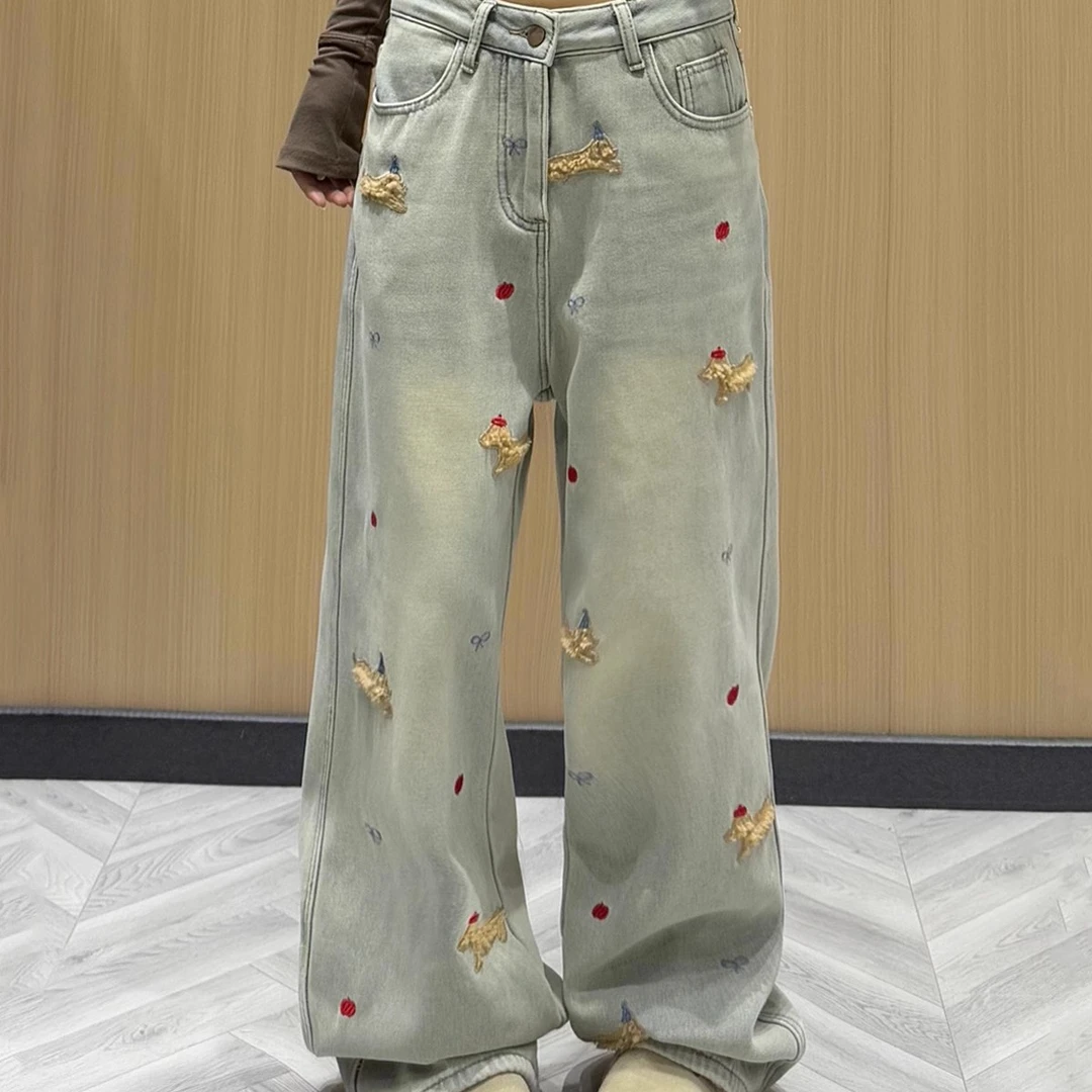 职业阿玛诗官方2025春秋季款刺绣牛仔裤女休闲阔腿裤垂感显瘦拖地