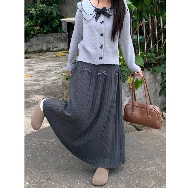 灰色蝴蝶结针织半身裙女秋冬季大码胖mm高腰显瘦遮肉中长款a字裙