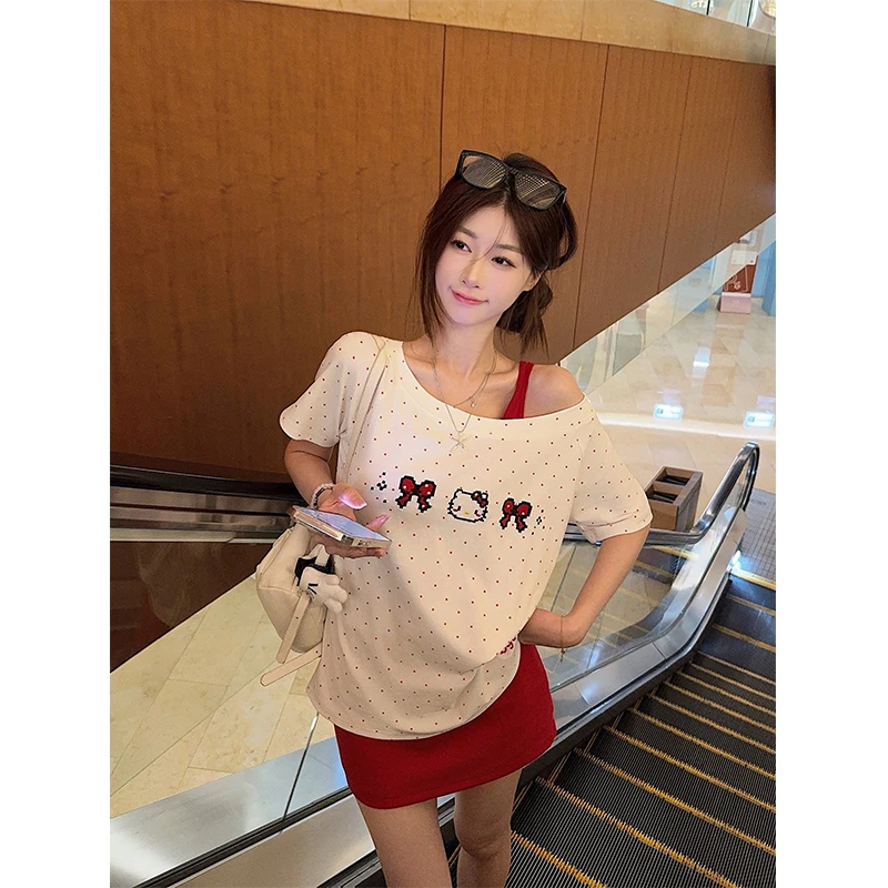 纯欲风斜肩kitty猫短袖T恤甜美短款上衣A字裙包臀超短半身裙裤裙