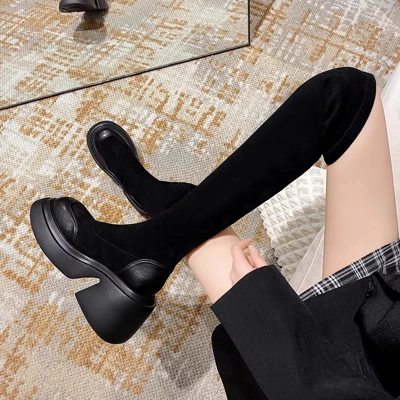 过膝长筒靴女鞋秋冬新款绒面高筒靴网红厚底粗跟小个子加绒显瘦