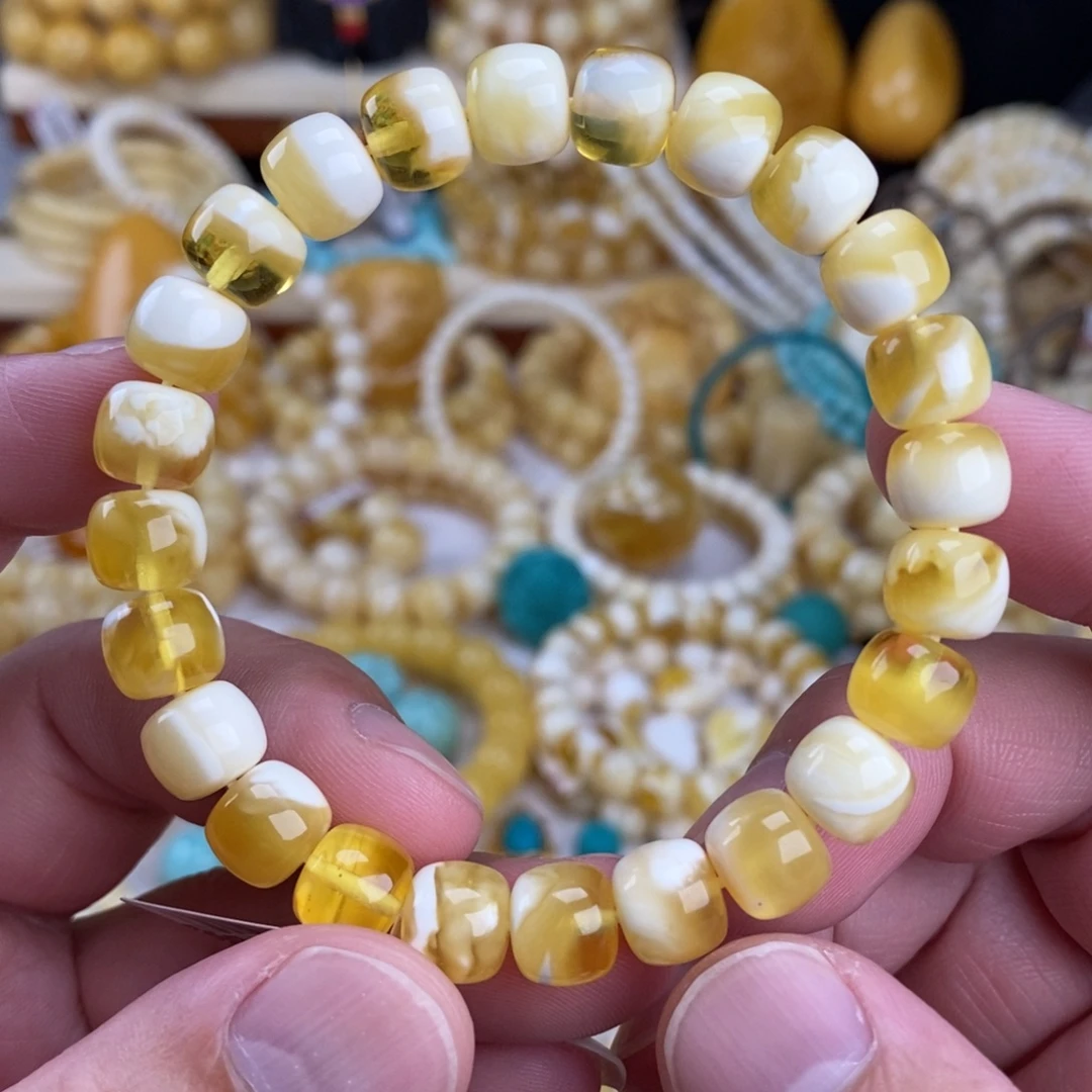 蜜蜡未镶嵌手链金瓷白溶洞妖花9.4mm