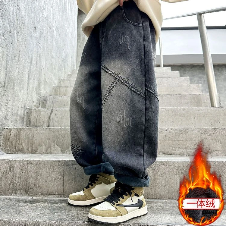 男童牛仔裤加绒加厚2024潮流冬季中大童休闲宽松儿童裤子大码