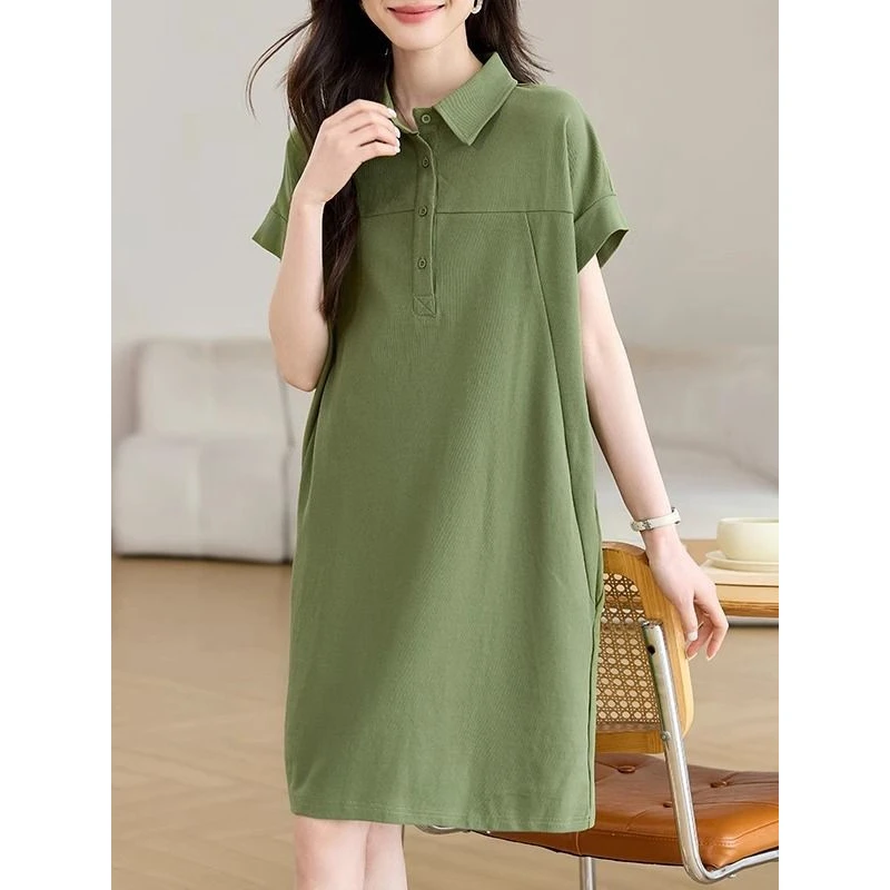 休闲翻领连衣裙女夏时尚新款遮肚字裙百搭大码宽松中长款恤裙子
