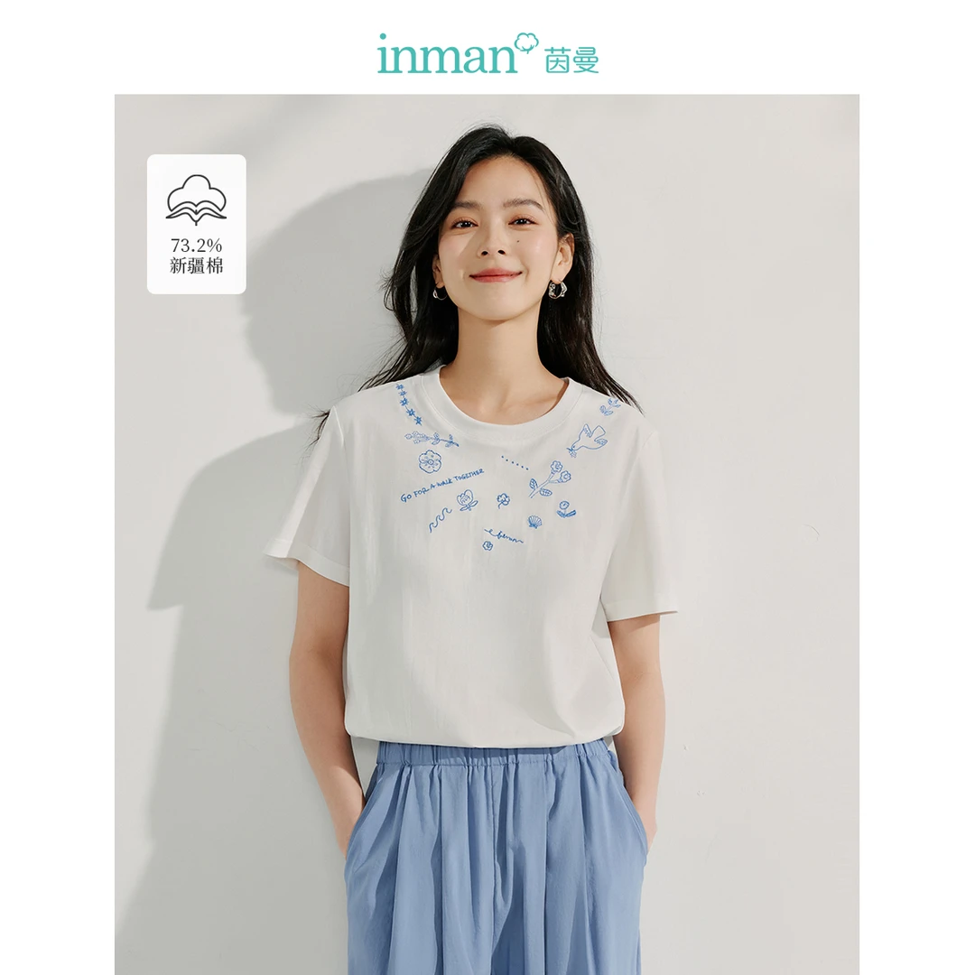 茵曼卡通印花刺绣短袖T恤女2025年夏季新款宽松圆领正肩白色上衣