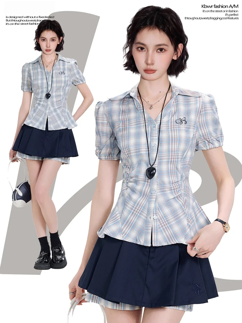 蓝色格子短袖衬衫女夏夏季学院风掐腰收腰短款泡泡袖正肩衬衣上衣