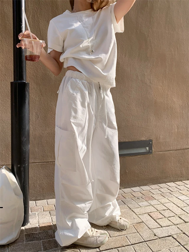 白色辣妹松弛感伞兵工装裤女春季新款百搭美式复古抽绳阔腿长裤