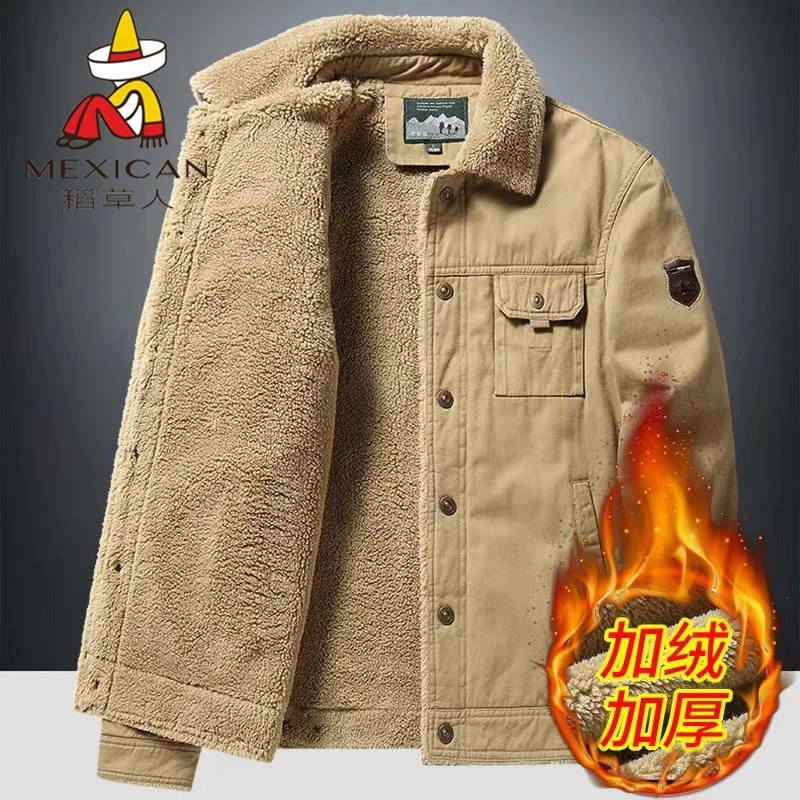 Mexican/稻草人男士外套秋冬季保暖中年夹克加绒加厚翻领冬装棉服