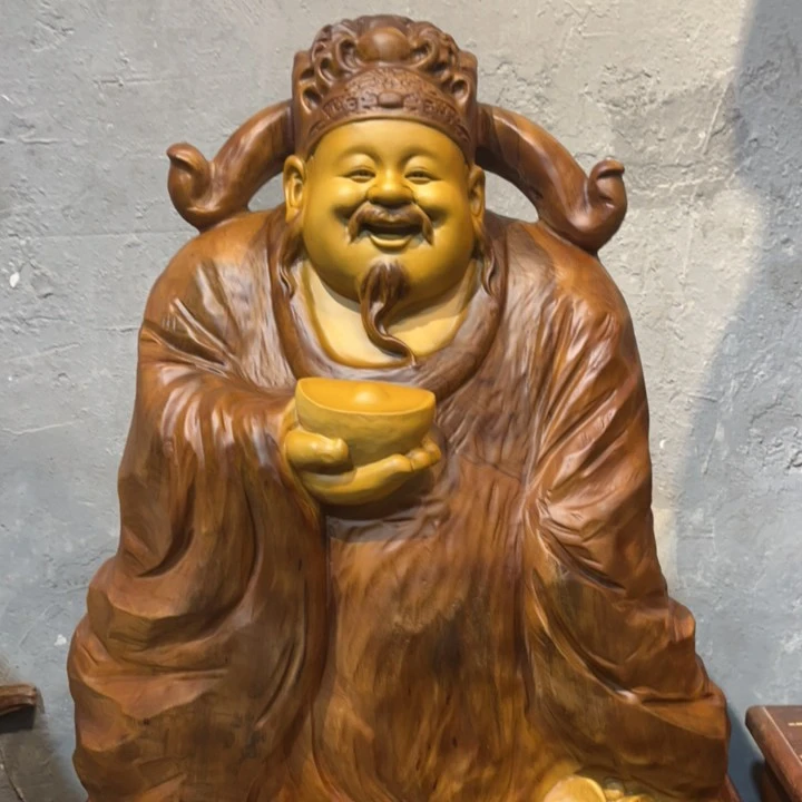 香樟木财神根雕摆件桌面玄关办公室装饰