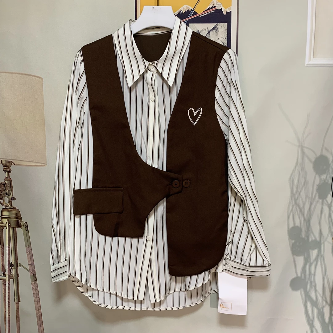 假两件条纹衬衫女装长袖拼接针织宽松时尚洋气秋季上衣