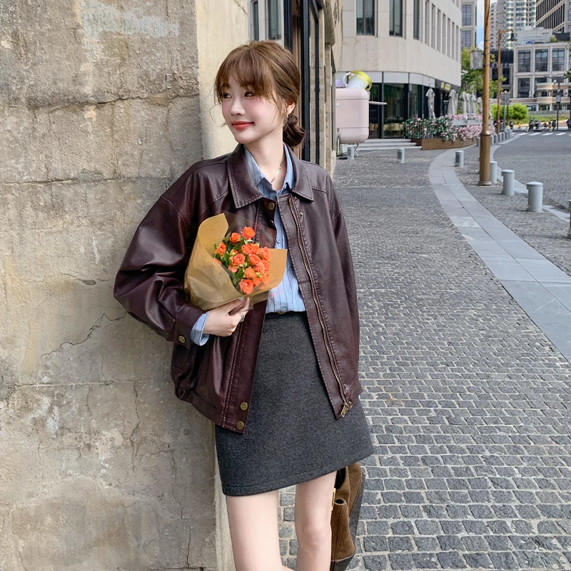 安可拉红皮衣外套女春秋2025新款高级感气质美式复古pu皮飞行夹克