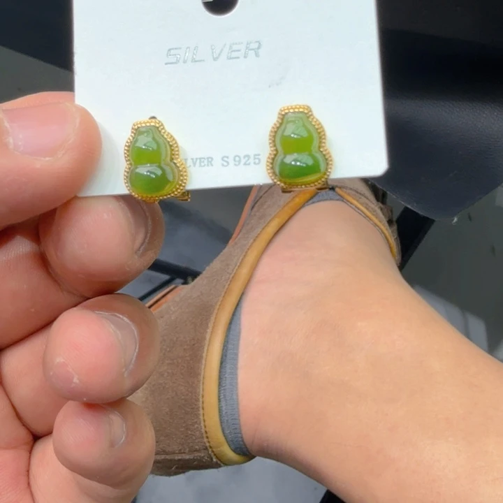 和田玉（碧玉）耳饰银S925镀金镶嵌
