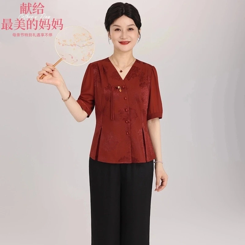 母亲节妈妈装国风休闲小衫套装新中式复古印花气质斜襟盘扣套装
