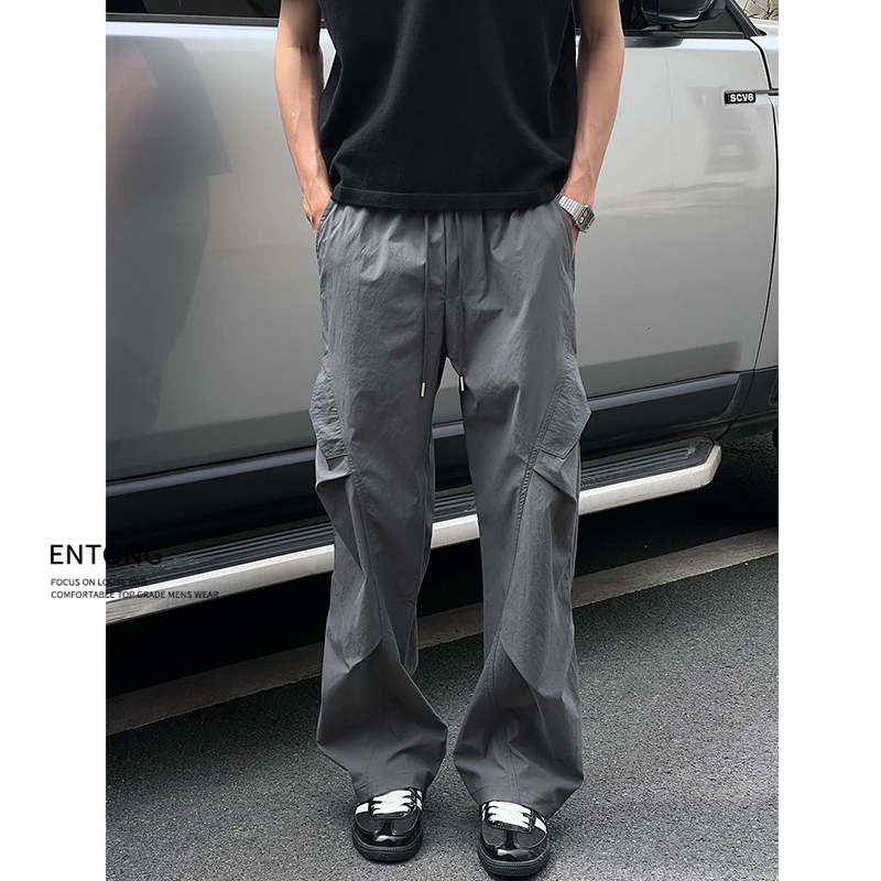 Entong美式街头复古多口袋宽松阔腿褶皱速干休闲裤男直筒工装裤子