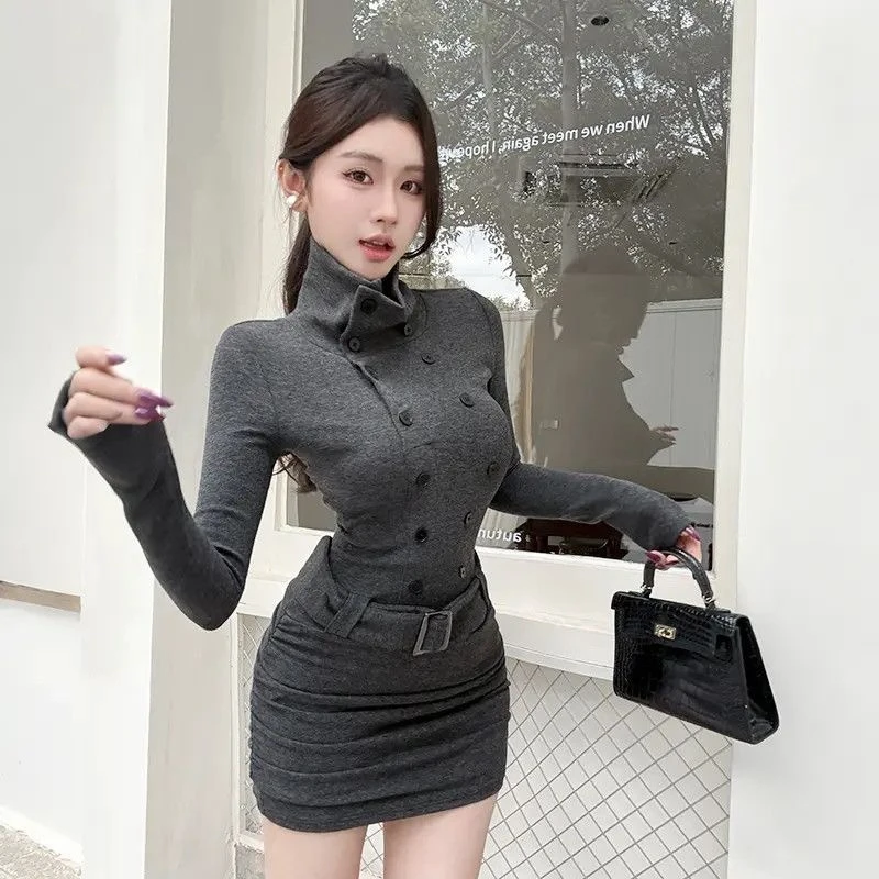 灰色复古辣妹高领连衣裙女秋冬内搭气质修身包臀短裙
