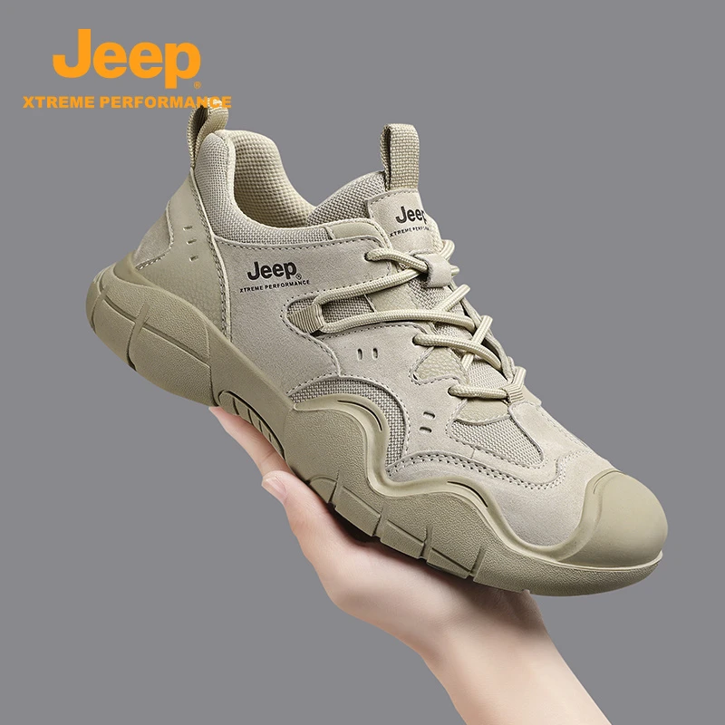 JEEP吉普男士真皮登山鞋2025新款户外网面透气厚底耐磨包头徒步鞋