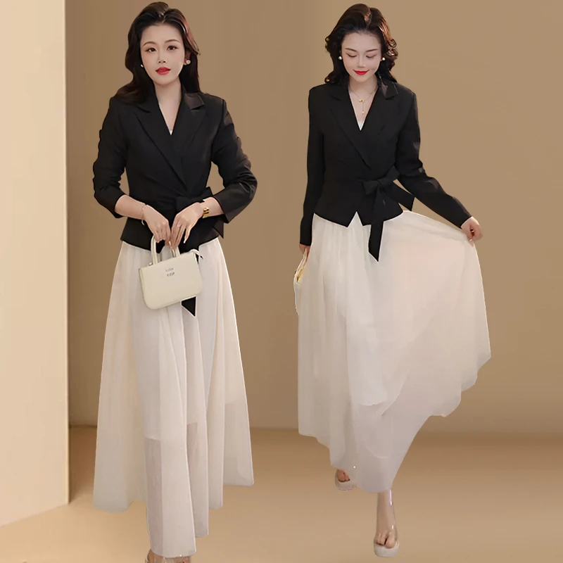 简约百搭黑色小西装时尚套装女春秋新款高级感网纱半身裙两件套