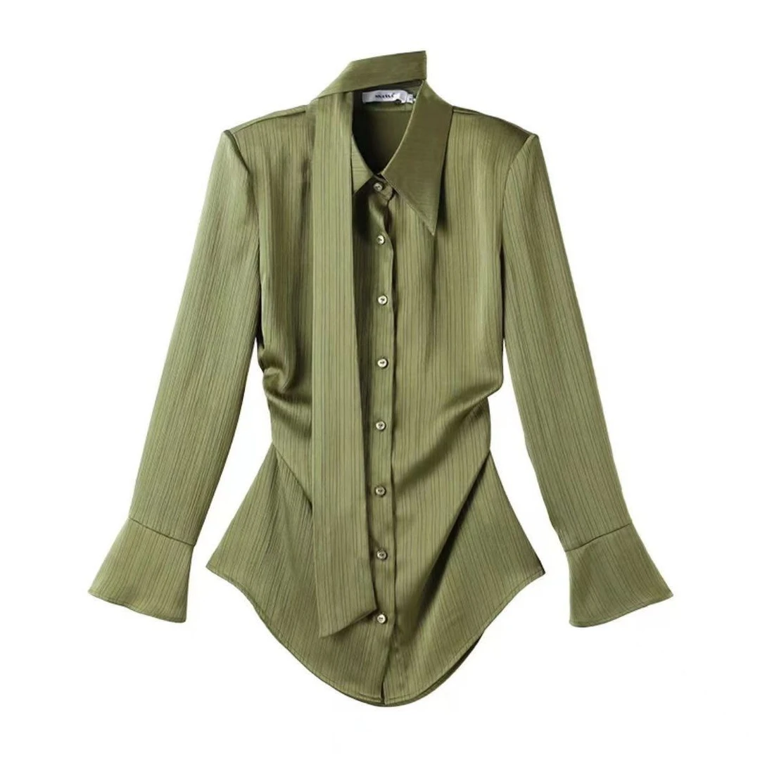 复古港味绿色衬衫女长袖设计感新款感小众宽松时尚衬衣收腰上衣女