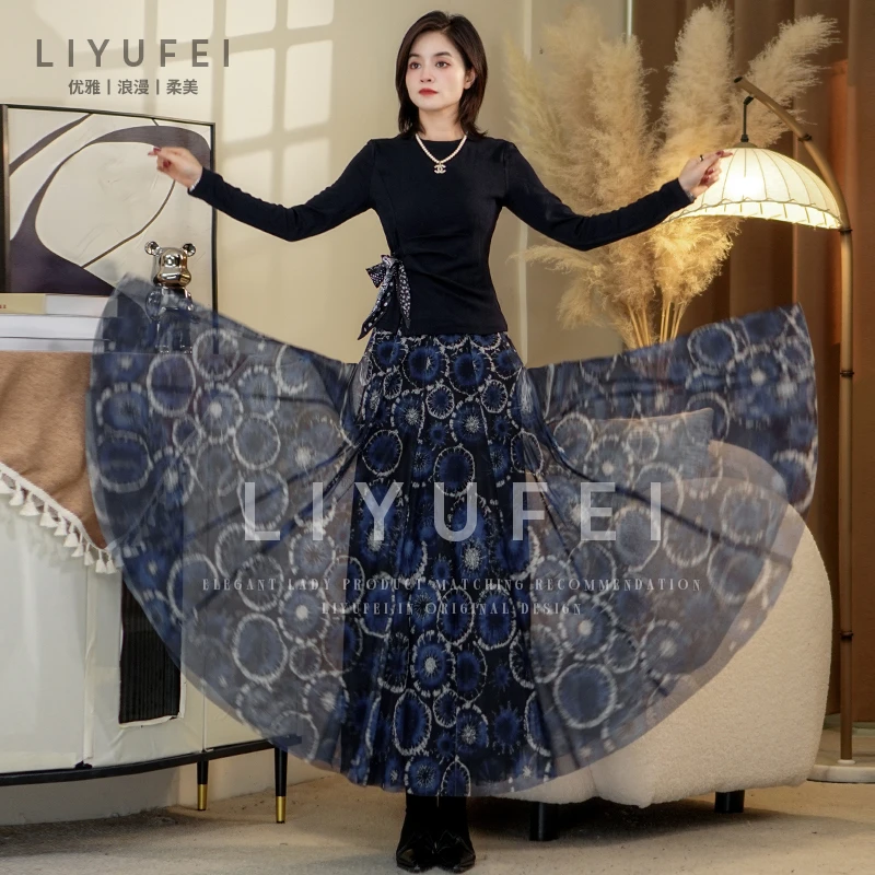 【正反两穿】蓝色烟火印花网纱+烫钻星光裙气质显瘦遮肉半身裙