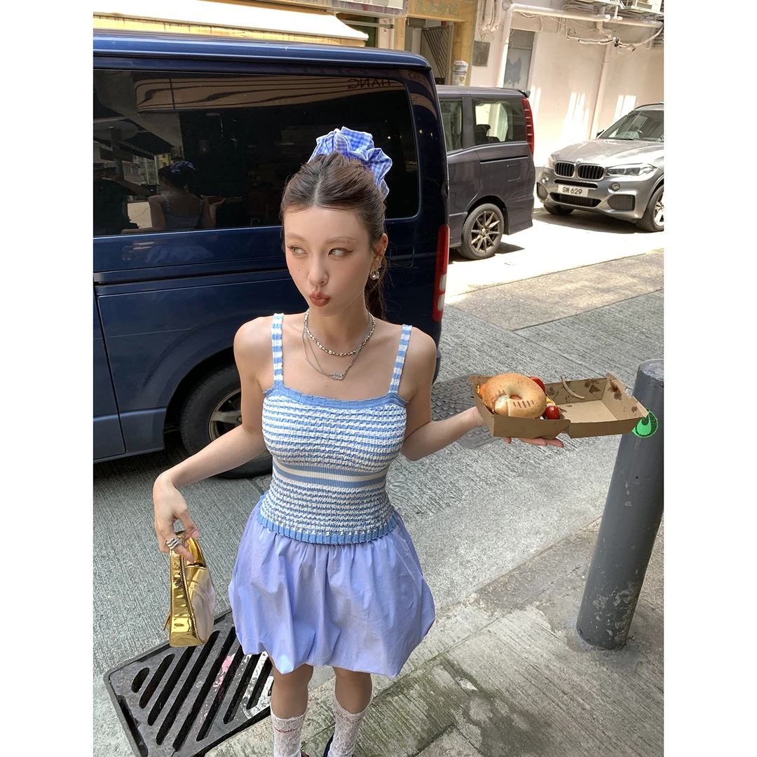 【海洋之恋】辣妹蓝白条纹短针织吊带4270