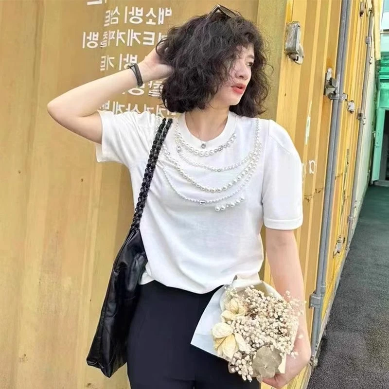 9912重工珍珠链条串珠白色上衣T恤圆领短袖