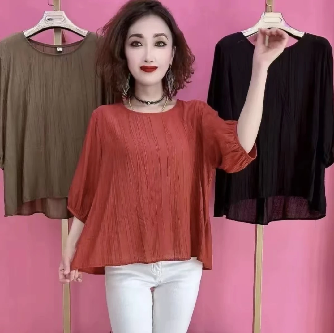 2025夏季新款大码妈妈装气质显瘦百搭遮肚子宽松纯色女士上衣T恤