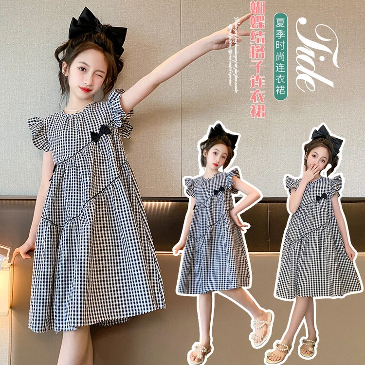 女童连衣裙2025新款女孩洋气格子裙子儿童薄款公主裙大童飞袖裙子