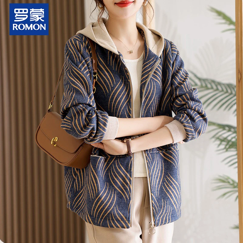 罗蒙妈妈装秋装条纹外套中年连帽上衣中老年女2025新款休闲夹克衫