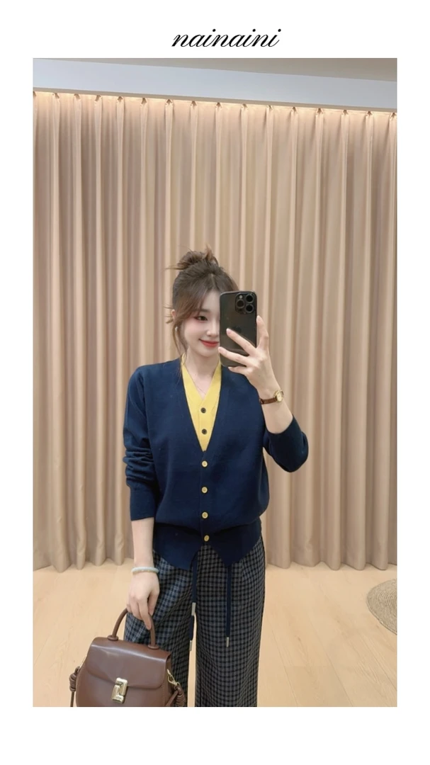 奈奈妮【伦敦早课】假两件毛衣针织衫女2025秋季百搭时尚上衣5215