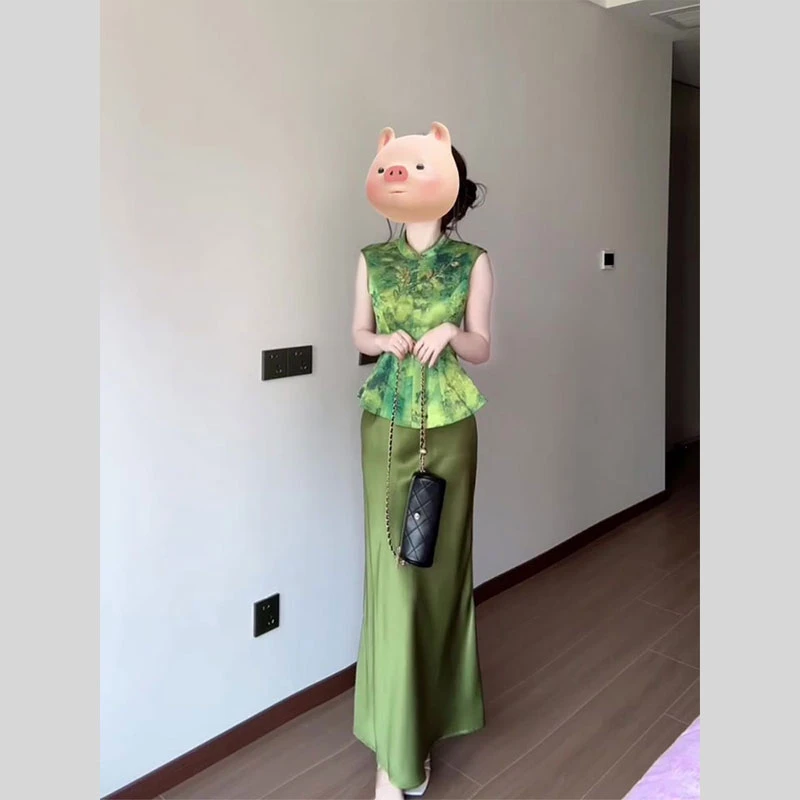 高级感气质穿搭新中式国风禅意复古绿色上衣半身裙套装女2025新款