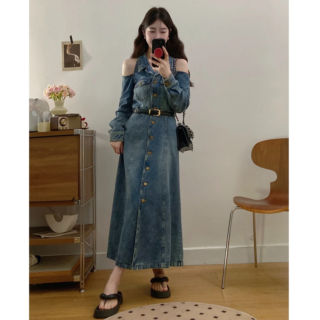 大码港风复古露肩牛仔连衣裙配腰带收腰显瘦翻领长裙