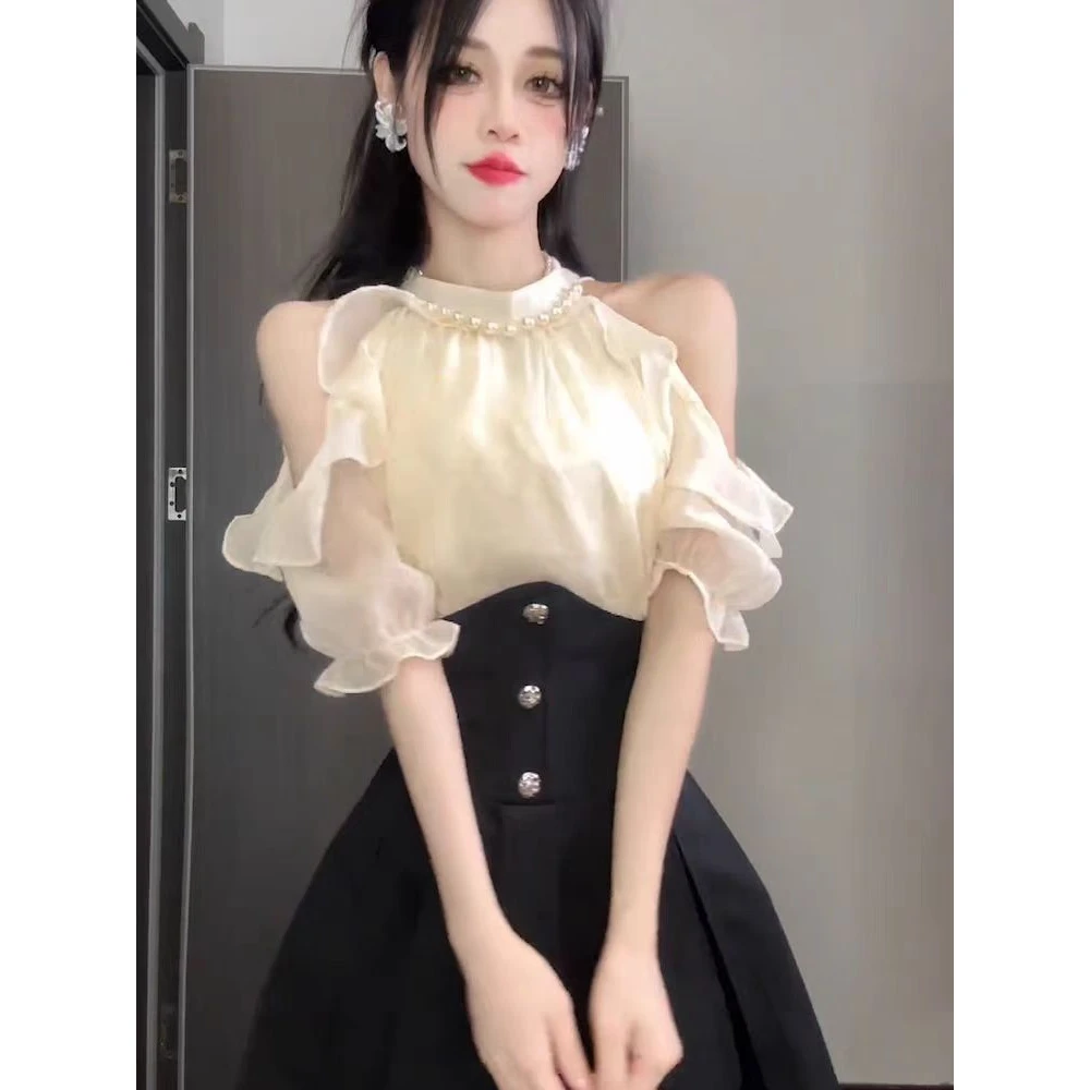 2025夏季新款珍珠挂脖露肩气质亮丝雪纺衫女高级感