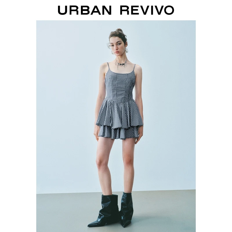 UR2025夏季新款女装复古休闲格纹层叠吊带连衣裙UYU750089