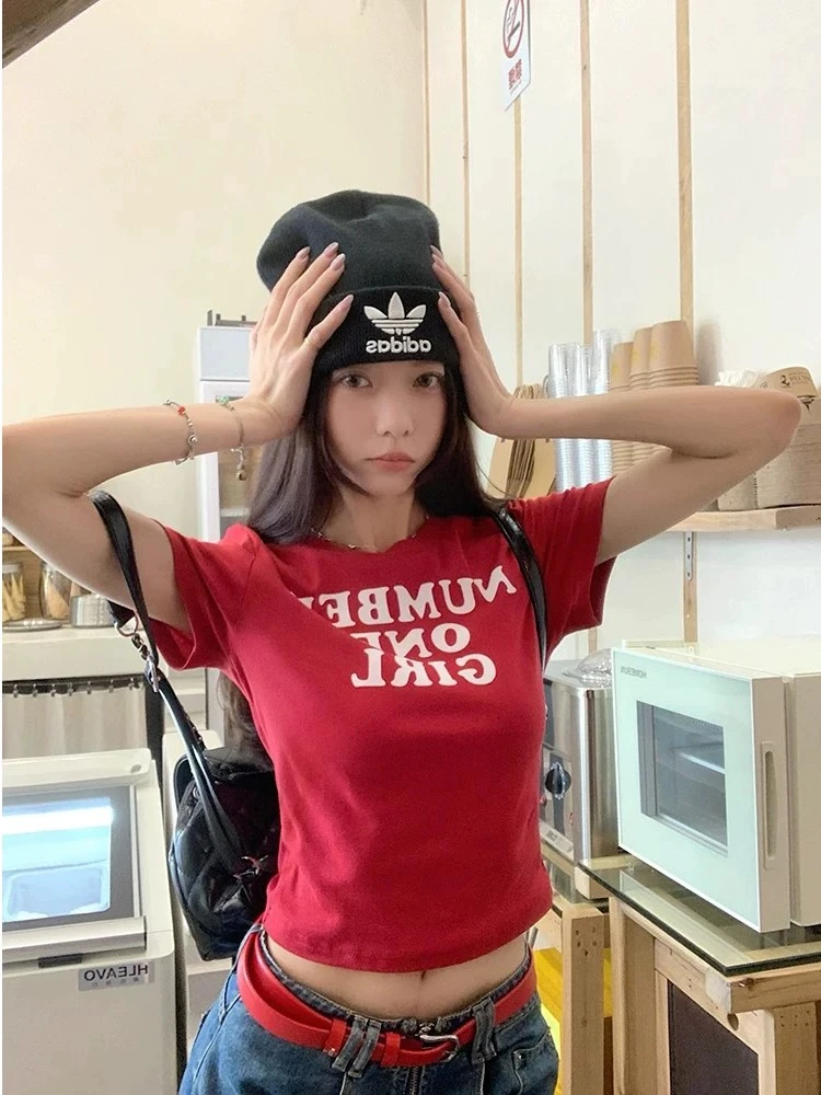 （孤品NO退换）美式圆领短袖T恤女款上衣显瘦修身百搭辣妹设计感