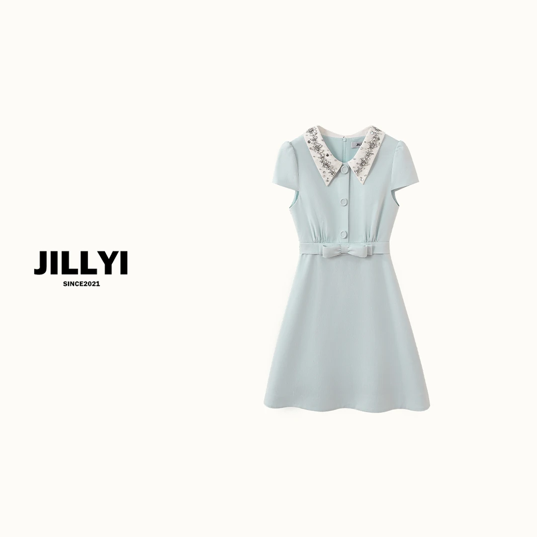 JILLYI南山店【冰雪幻境】天蓝色领口钻石时尚轻奢连衣裙公主气质
