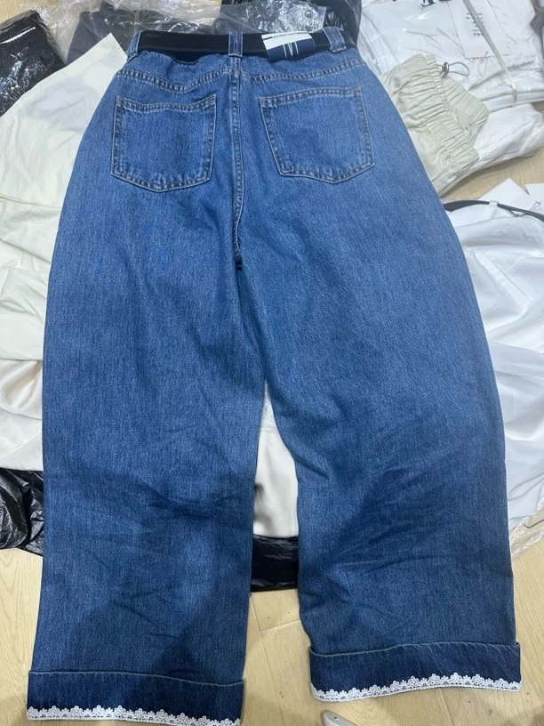 （037）MV夏季女牛仔裤丹宁蓝蕾丝直筒裤