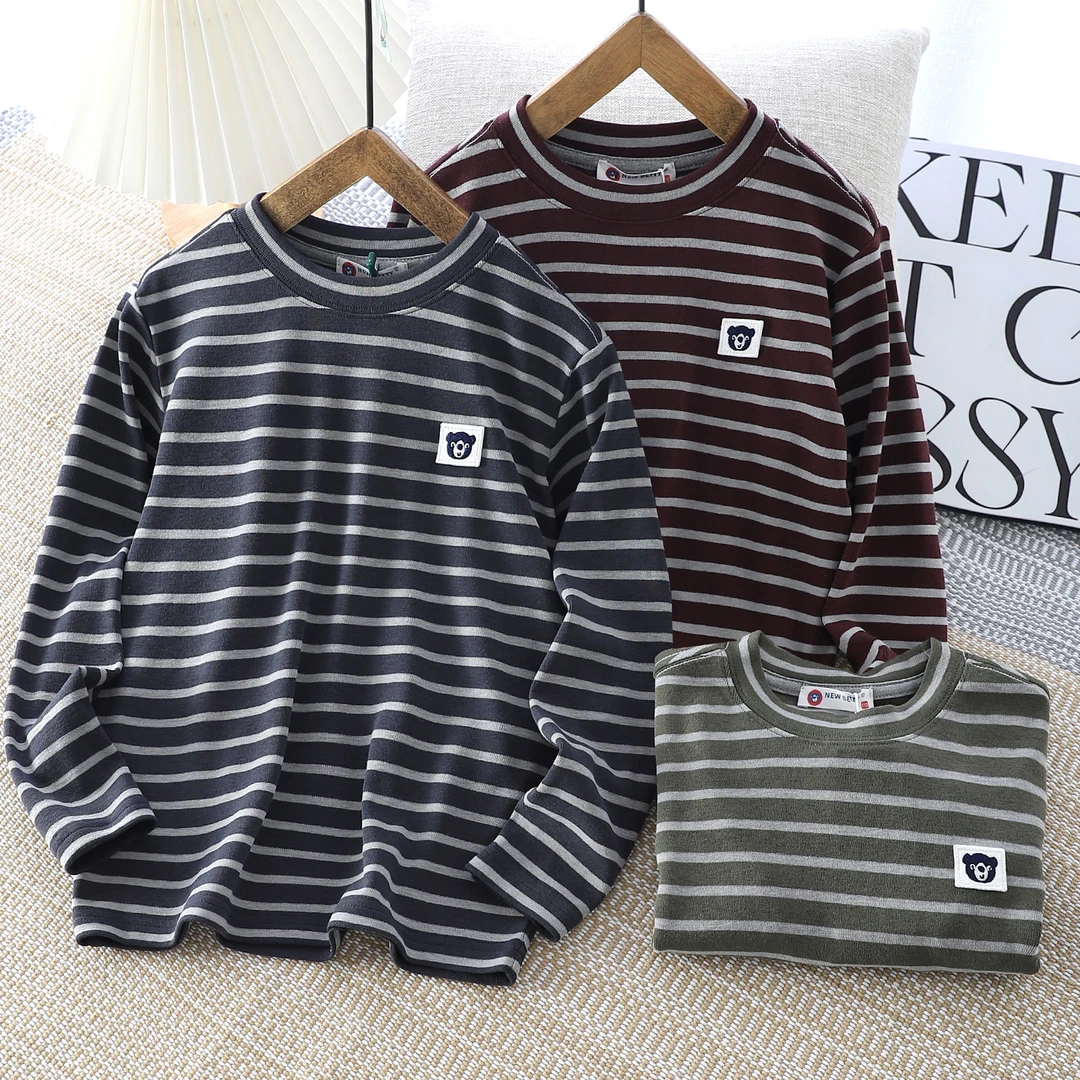 春秋儿童横条圆领衫宽松撞色长袖T恤舒适条纹中大童-224