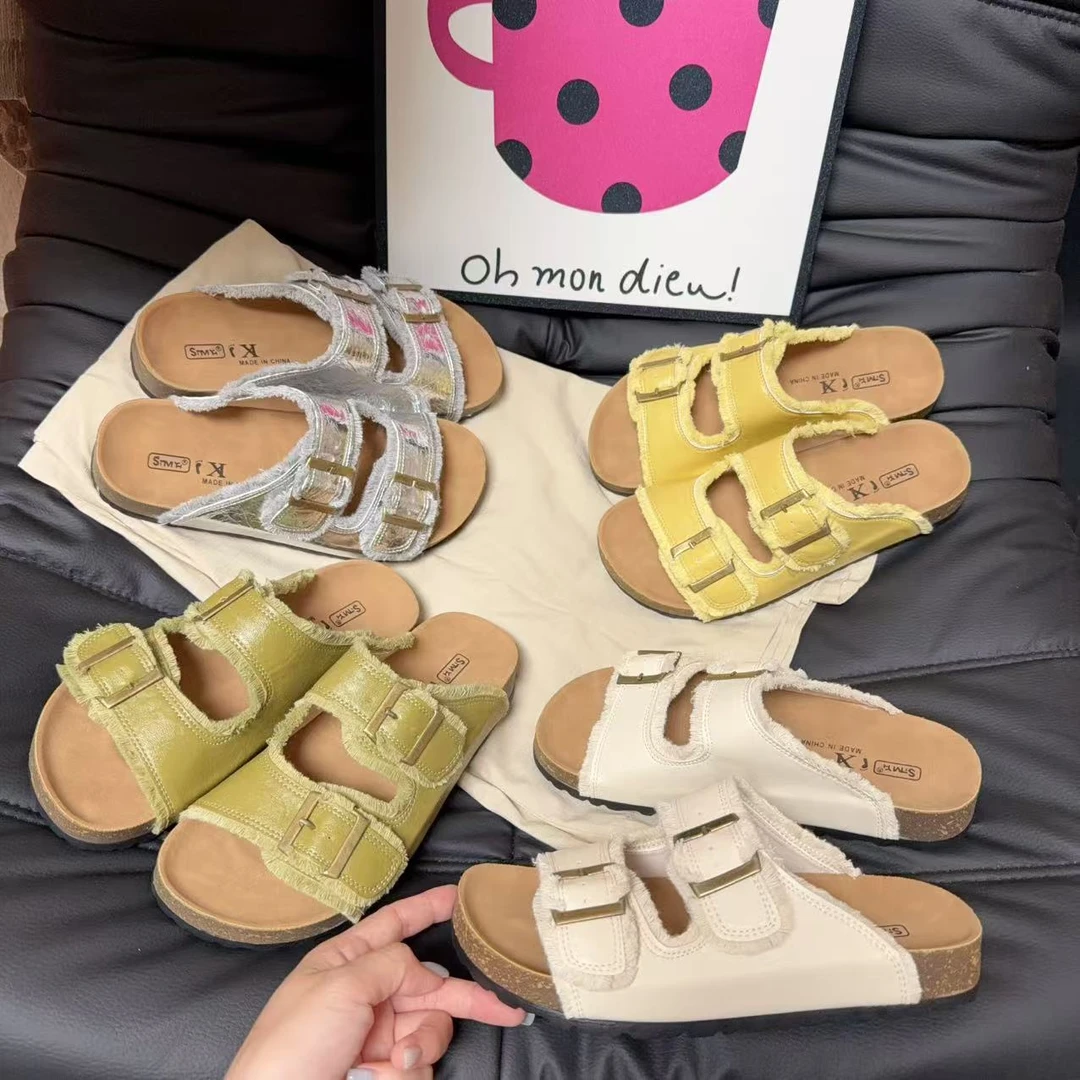 流苏平跟一字拖鞋2025夏季新款双排扣软底平底露趾防滑勃肯拖鞋女