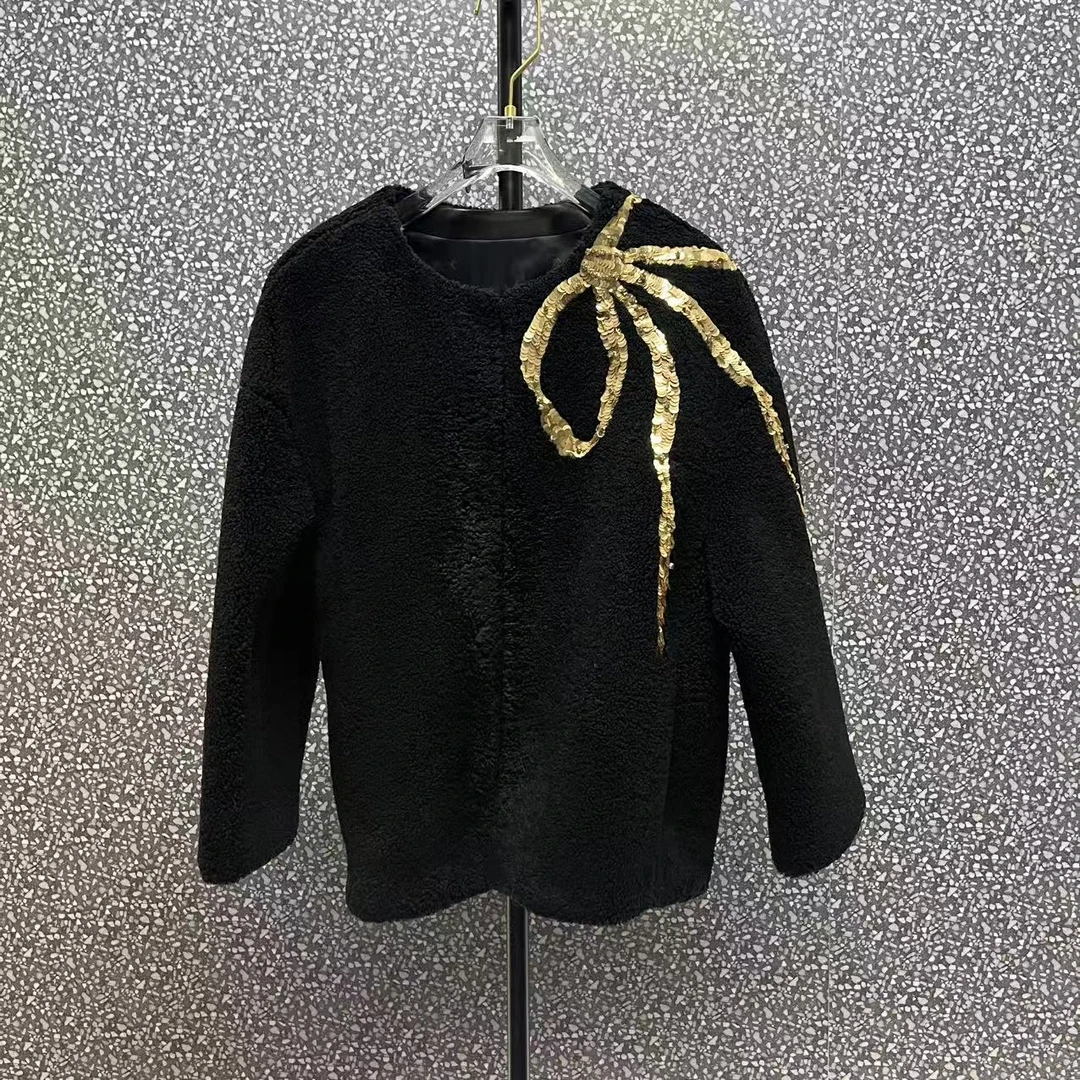 新款秋冬环保毛外套女士蝴蝶结亮片短款保暖上衣