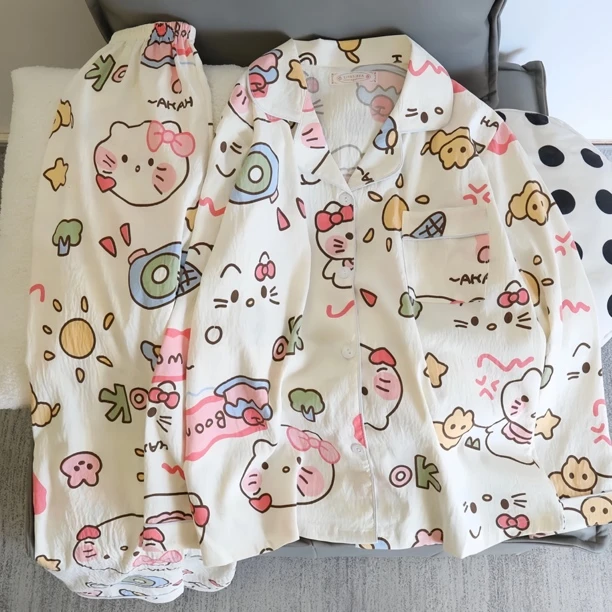 新春新款睡衣女云朵棉春季长袖宽松胖mm甜美家居服套装大码