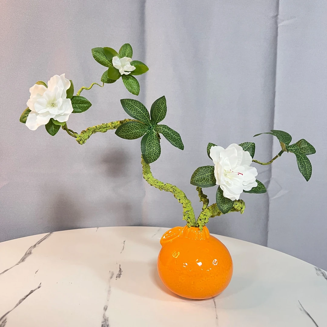 SY仿真绿植杜鹃花假花陶瓷橘子花瓶盆栽塑料花假绿植家居摆件