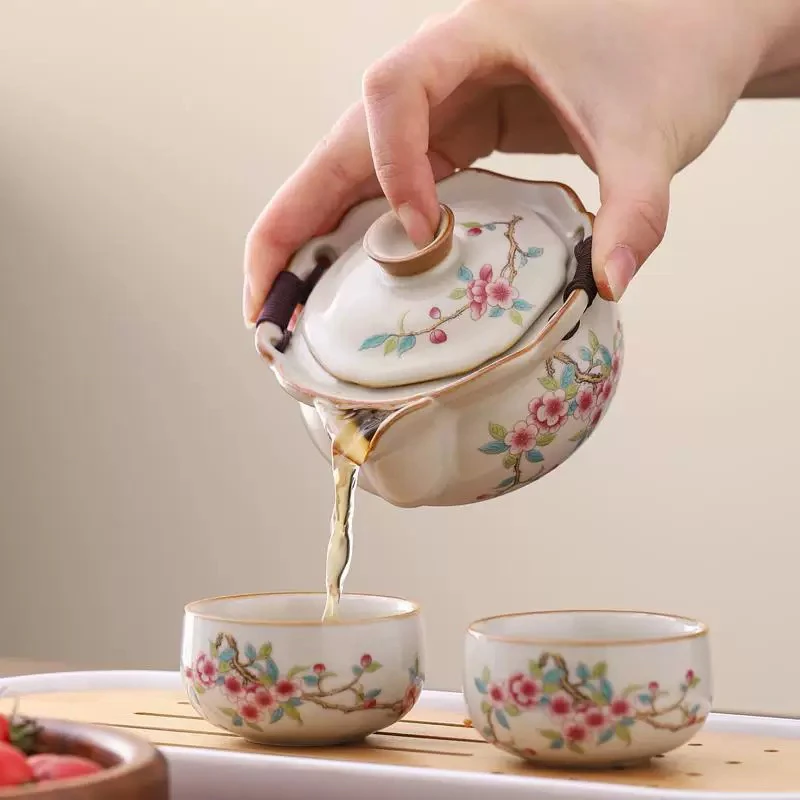 【陶享】桃花朵朵手抓壶一壶二杯汝窑功夫茶具盖碗新款女士高颜值