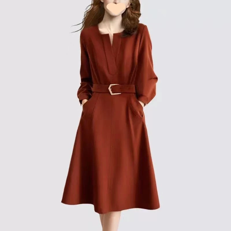 赫本风黑色领长袖连衣裙女春收腰显瘦高级感法式坠感裙漂亮裙子