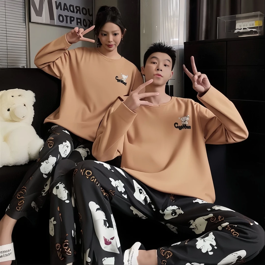 情侣睡衣女春秋款纯棉长袖长裤卡通可外穿男士家居服套装秋季薄款
