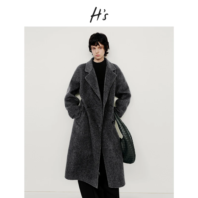 H'S系带翻领毛呢外套女25冬新款高级设计绵羊毛混纺长款呢子大衣