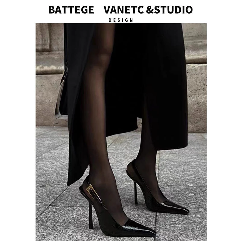 【DR设计师联名】杨树林娜扎同款高跟鞋2025新款小金跟黑色尖头后