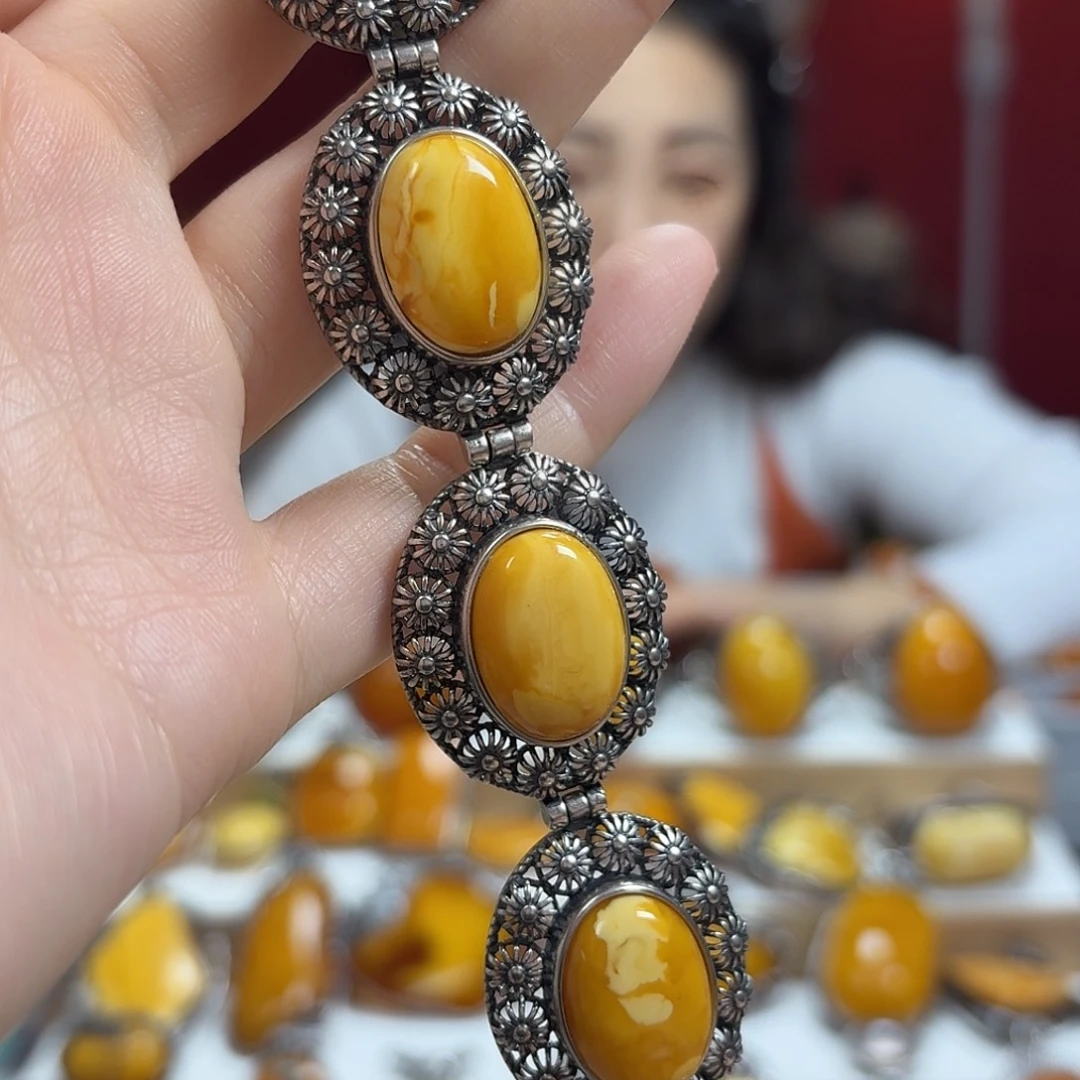 蜜蜡银S925镶嵌手链手串