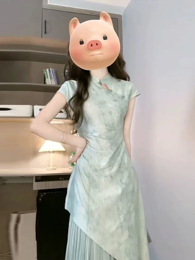 旗袍裙日常短袖少女旗袍领长裙显瘦新中式夏季旗袍